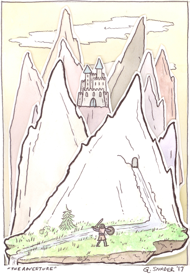 an adventurer approaches a castle in the mountains